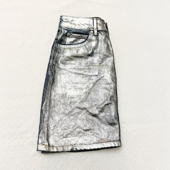 Sandro Paris Denim Pencil Skirt Metallic Silver Coated Front Size 1 / 26 US - Picture 6 of 6
